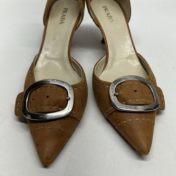 Prada Heels Low Kitten Heel Pointed Toe Buckle Suede in Light Brown Size 42 12 - Picture 4 of 16